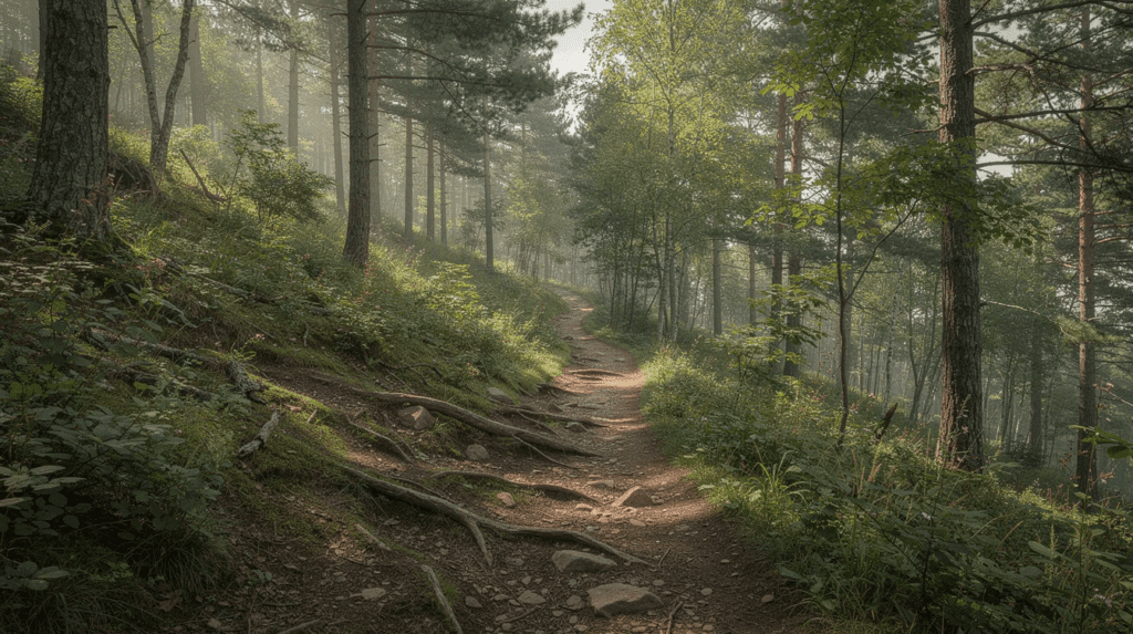 Sunlit forest trail with exposed tree roots