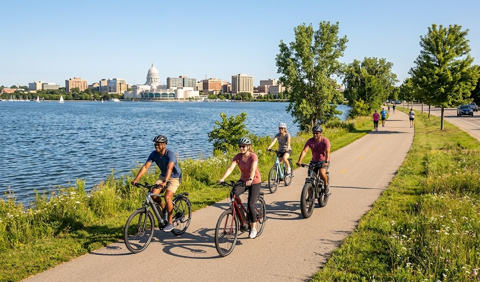 Cyclists on lakeside trail with city skyline