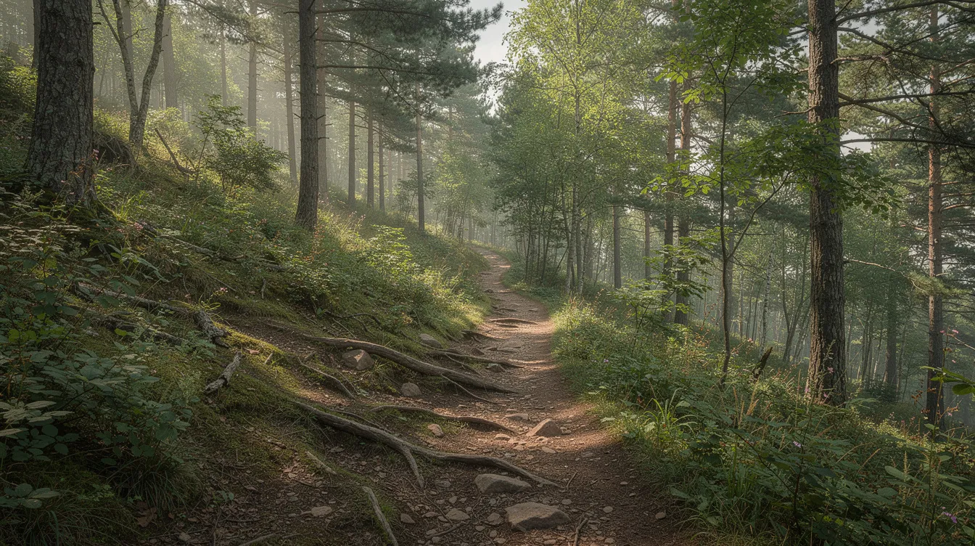 Sunlit forest trail with tree roots and greenery