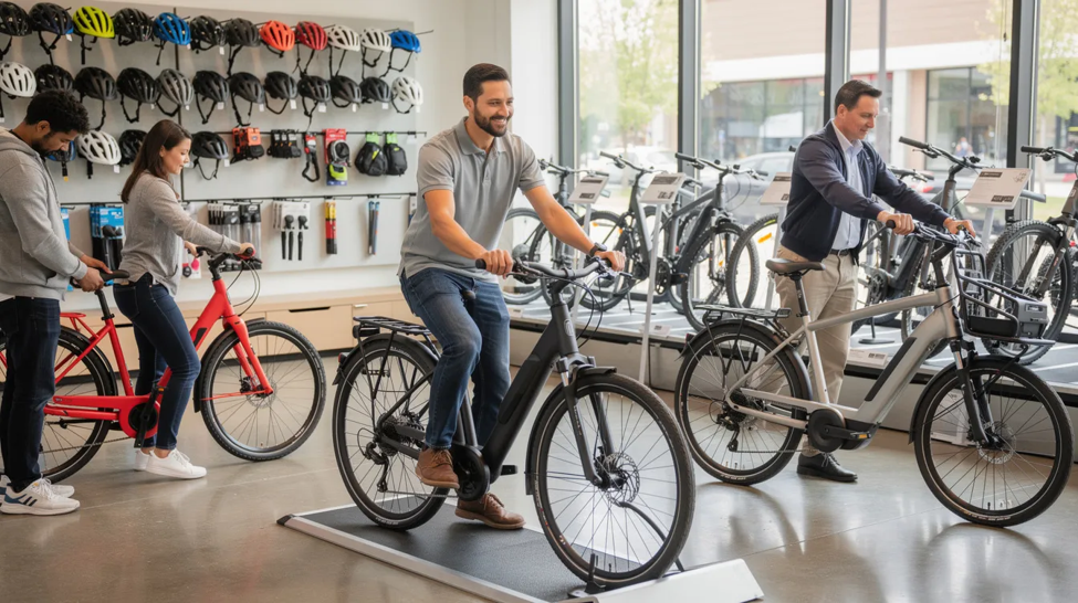 Customers testing electric bikes inside modern bike shop