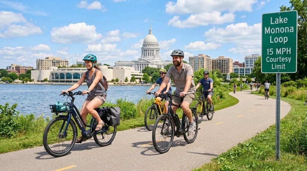 Cyclists riding along Lake Monona Loop trail