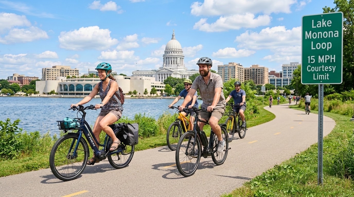 Cyclists riding along Lake Monona Loop trail