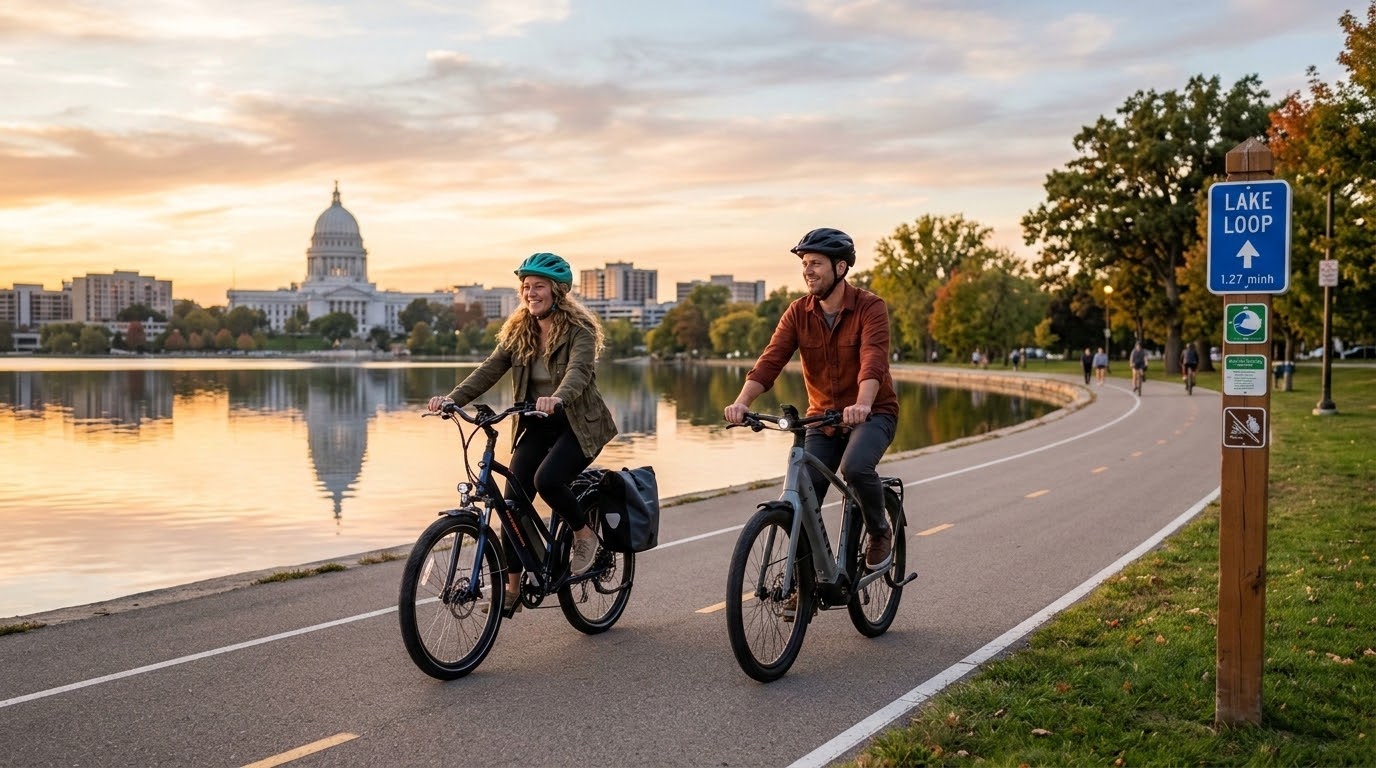 Couple biking along lakeside path at sunset