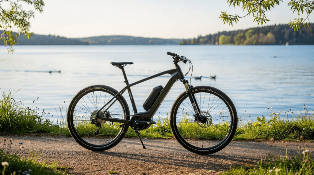 Electric bike by lakeside at sunset