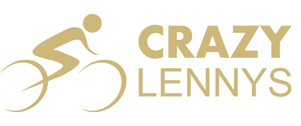 Gold Crazy Lennys logo with stylized bicycle icon