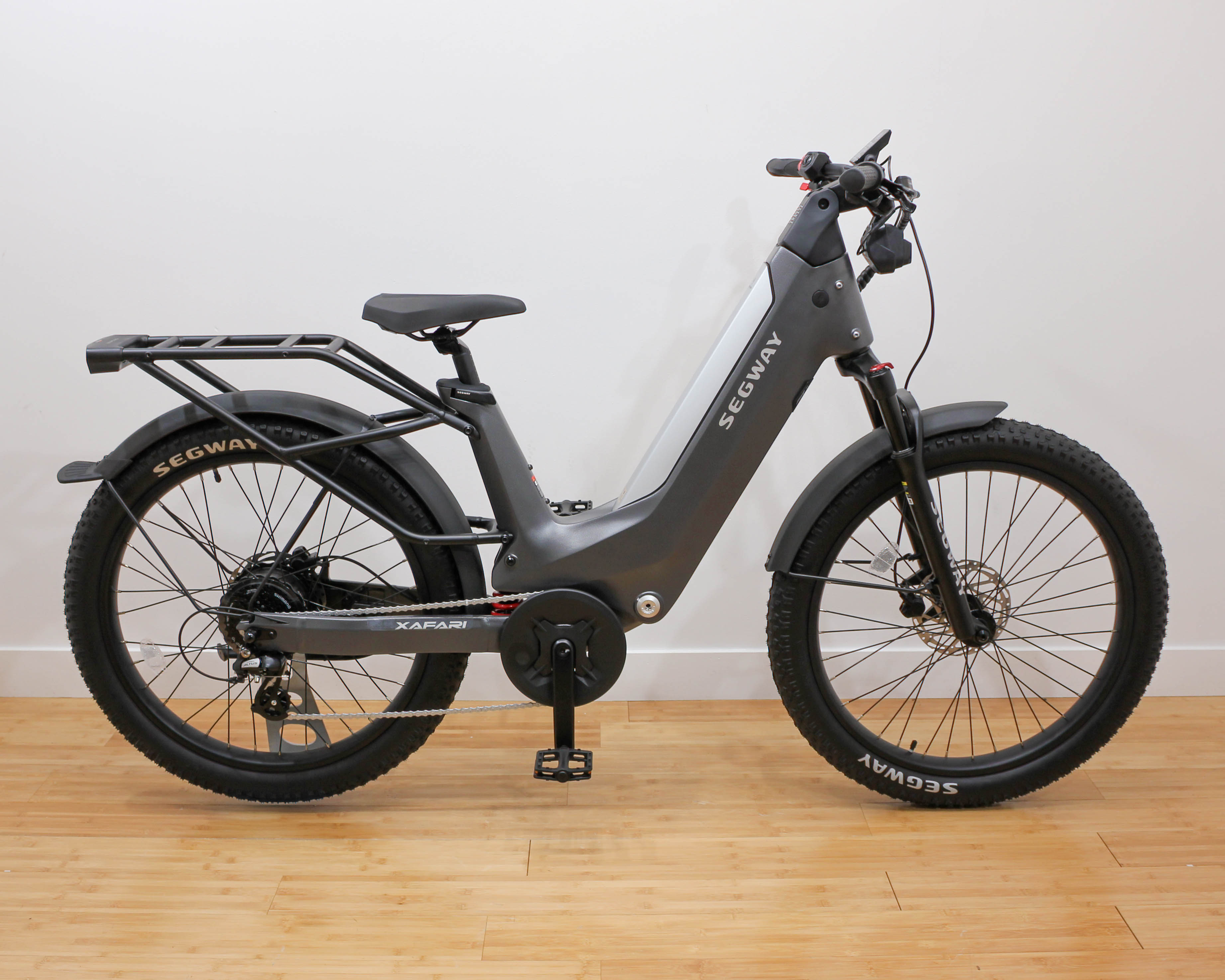 Gray Segway Xafari electric bike with rear rack